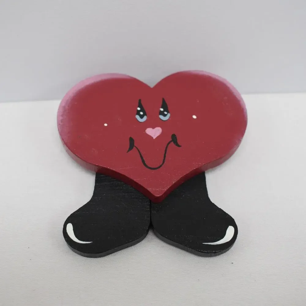 Vintage 90s Wooden Painted Smiling Heart w/ Feet Brooch Pin Cottagecore Kitsch